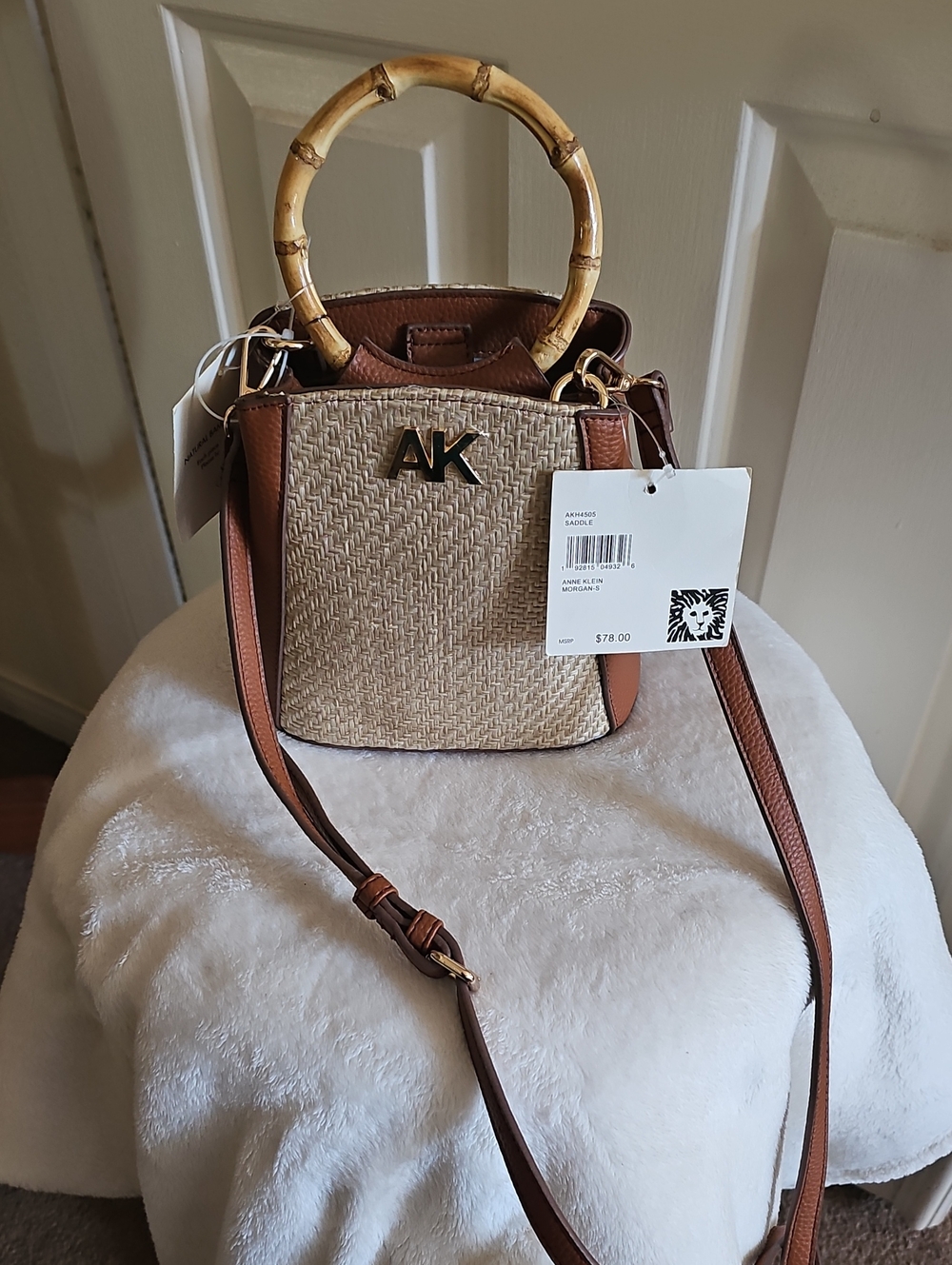 Anne Klein Beige Woven Crossbody with Brown Trim & Bamboo Handles